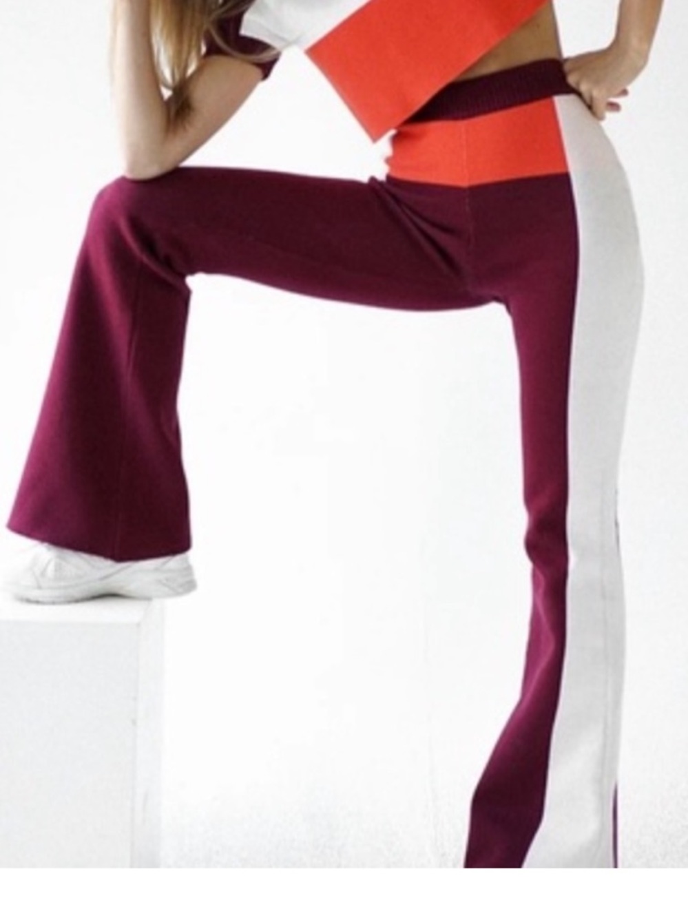 Colorblock Boot‑Cut Pants in Burgundy, White & Orange